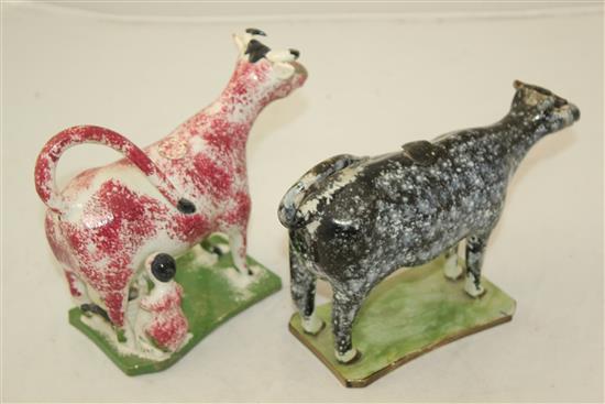 Two Yorkshire type pearlware cow creamers, c.1820, length 20cm, some faults